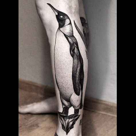 Dotwork Penguin tattoo by Bartek Wojda Penguin Tattoos, Ink Link, Penguin Tattoo, Watercolor Wolf, Wolf Poster, Nordic Art, Unique Color Combinations, The Penguin, Great Tattoos