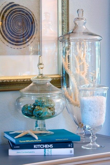 Driven By Décor: Decorating With Apothecary Jars Beach Display, Ocean Things, Glass Cloches, Mantle Display, Beach Decorations, Spiral Shell, Beach Finds, Foyer Table, Jar Ideas