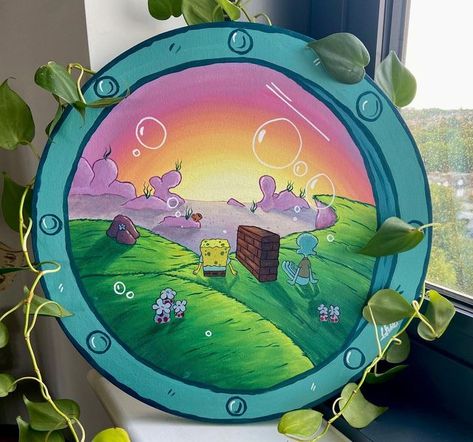 Spongebob Painting, Circle Canvas, Hippie Painting, Cute Canvas Paintings, New Painting, Canvas Painting Designs, Small Canvas Art, Arte Inspo, Window Painting