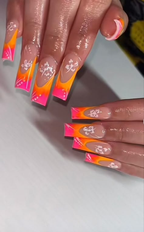 Orange Nails With Hibiscus Flowers, Pink Summer Nails Hibiscus, Orange Hibiscus Nails, Hibiscus Flower Nails Orange And Pink, Hibiscus Flower Nails Y2k, Wild Nails, Hawaiian Nails, Acrylics Nails, Pink Summer Nails