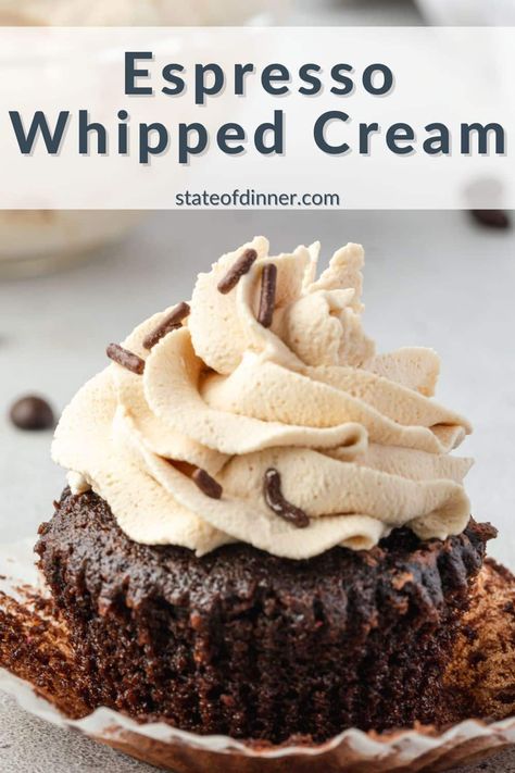 Whether you're a coffee lover or just looking to add some extra flavor to your desserts, our recipe for espresso whipped cream is a must-try! With just a few basic ingredients, you can whip up a batch of light and fluffy coffee-infused whipped cream that's perfect for topping off your coffee, cocktails, cheesecakes, cupcakes, and more! Coffee Icing Recipe, Espresso Frosting Recipe, Coffee Whipped Cream Recipe, Cheesecakes Cupcakes, Coffee Frosting Recipe, Espresso Whipped Cream, Homemade Espresso, Fluffy Coffee, Whipped Cream Frosting Recipe