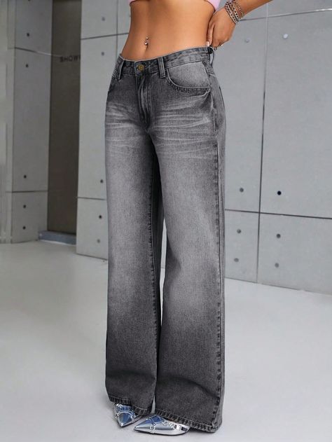 Dark Grey  Collar  Denim Plain Straight Leg Embellished Non-Stretch  Women Clothing Wide Legs Jeans, Dark Grey Jeans, Rose Jeans, Grey Denim Jeans, Shein Icon, Loose Fit Jeans, Jeans Grey, Grey Denim, Women Denim Jeans