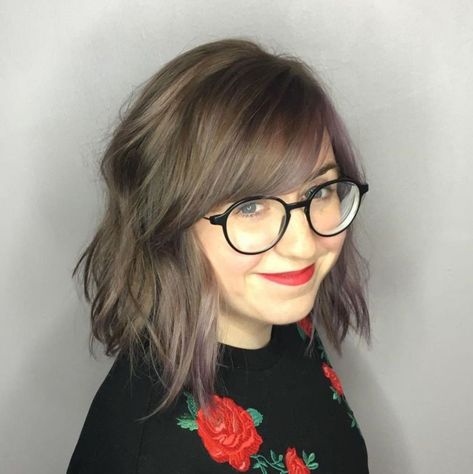 Shaggy Ash Brown Bob With Lavender Highlights Glasses For Round Faces, Bangs For Round Face, Round Face Shape, Round Face Haircuts, Short Hair Balayage, Short Hair Styles For Round Faces, Round Faces, Hairstyles For Round Faces, Medium Hair Cuts