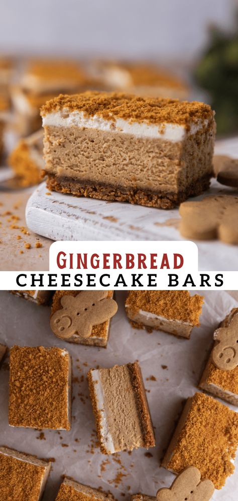 These delicious gingerbread cheesecake bars are a great way to elevate your cheesecake game during the holidays! Gingerbread Cheesecake, Quick Dessert Recipes, Cheesecake Bar Recipes, Edible Creations, Holiday Favorite Recipes, Gingerbread Recipe, No Bake Bars, Xmas Cookies, Bars Recipe