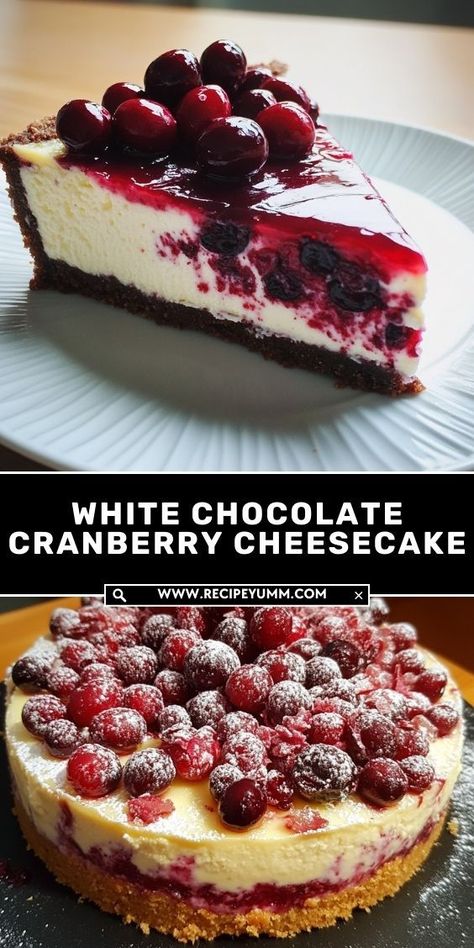 Creamy white chocolate cheesecake swirled with tangy cranberry sauce and topped with festive cranberries. The ultimate holiday dessert! White Chocolate Cranberry Cheesecake, Festive Snacks, Christmas Cranberry, Cranberry Cheesecake, Rich Cake, White Chocolate Cheesecake, Dessert Spread, Traditional Sweets, White Chocolate Cranberry