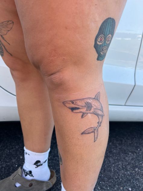 Shark tattoo on leg. Tattoo on women. shark and ski mask Shark Leg Tattoos Women, Shark Thigh Tattoo, Calf Tattoo Men, Tattoo On Leg, Shark Tattoo, Shark Tattoos, Leg Tattoos Women, Calf Tattoo, Thigh Tattoos Women