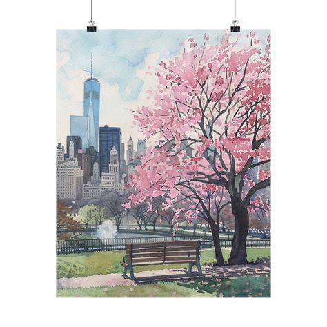 New York Painting Skyline Watercolor Art Print Spring Cityscape Wall Art Travel Poster NYC Central Park Artwork Housewarming Gift for Her New York Painting, Central Park Nyc, Nyc Skyline, I Love Ny, Park Art, Art Travel, Watercolor Art Prints, Travel Poster, Central Park