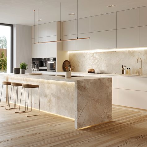 Modern Classic Kitchen Island, Kitchen Island Set Up, Modern Style Kitchen Design, Kitchens That Never Go Out Of Style, Sophisticated Kitchen Design, Sleek White Kitchen, Modern Timeless Kitchen, Modern Kitchen 2024, Travertine Kitchen Countertops