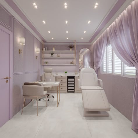 Small Lash Salon Interior Design, Medspa Suite Decor, Small Botox Room Ideas, Lilac Beauty Salon, Mini Beauty Salon Ideas, In Home Beauty Studio, Beauty Therapy Room Ideas, Kozmeticki Salon Ideje, Lavender Esthetician Room