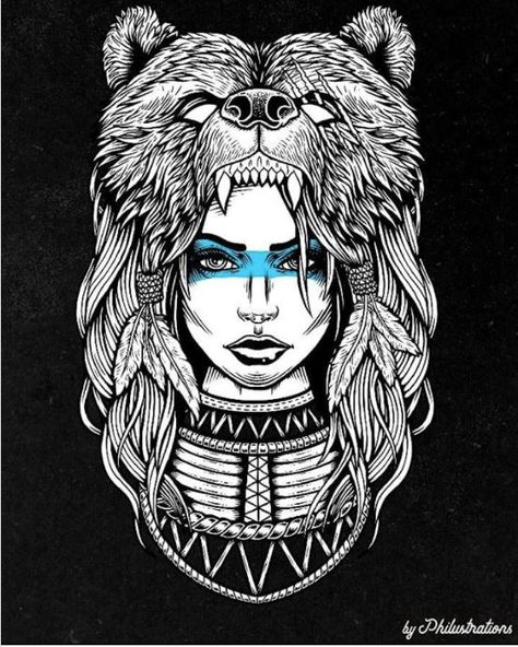 Woman With Bear Headdress Tattoo, Native Indian Tattoos, Native American Tattoo Designs, Headdress Tattoo, Indian Animals, Hunter Tattoo, American Indian Tattoos, Henna Drawings, Aztec Tattoo Designs