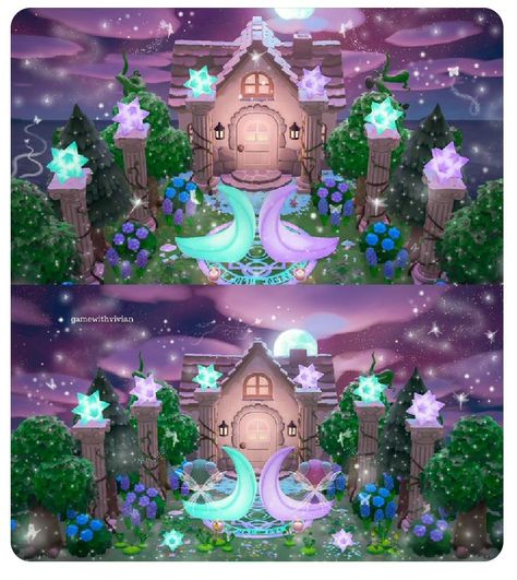 Acnh Fairycore Home Exterior, Fairycore Acnh Ideas, Acnh Dreamy Island, Acnh Island Ideas Fairycore, Acnh House Exterior Ideas Fairycore, Fairycore Animal Crossing Build Ideas, Acnh Neighborhoods Layouts Fairycore, Acnh Fantasy Designs, Whimsigoth Animal Crossing