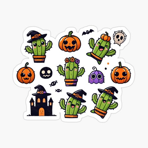 Cute Halloween cactus witch sticker set by lliiaa1111 | Redbubble Halloween Cactus, Bat Hat, Black Cat Witch, Haunted Castle, Halloween Sticker, Witch Halloween, Dia De Muertos, Cute Halloween, Sticker Set