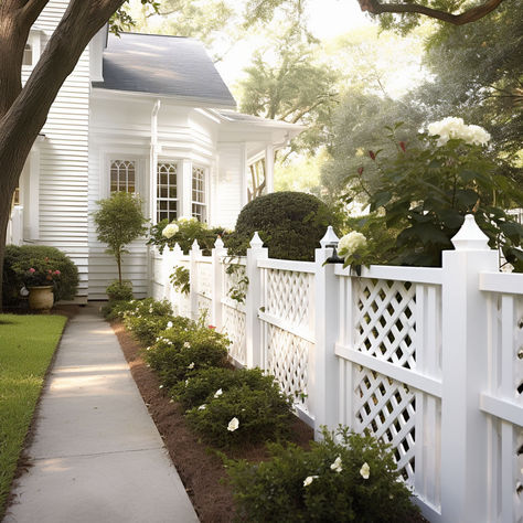 The 8 Best Fence Paint Colors Classic Fence Wall Design, White Fence Front Yard, Victorian Fence, Fence Paint Colours, Lattice Fence Panels, White Vinyl Fence, Nantucket Cottage, Victorian Exterior, Folk Victorian