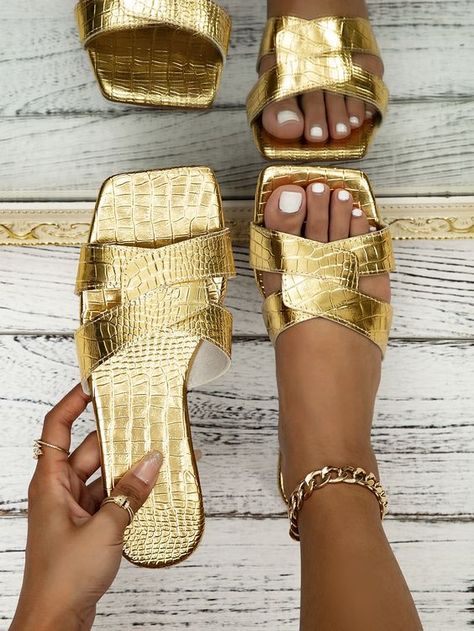 Gold Glamorous Collar Crocodile Print Slides Embellished Women Shoes Flat Slippers For Women, Fashion Shoes Sandals, Flat Slippers, Slippers For Women, Crocodile Print, Stylish Sandals, Leather Slippers, Cute Sandals, Fashion Sandals