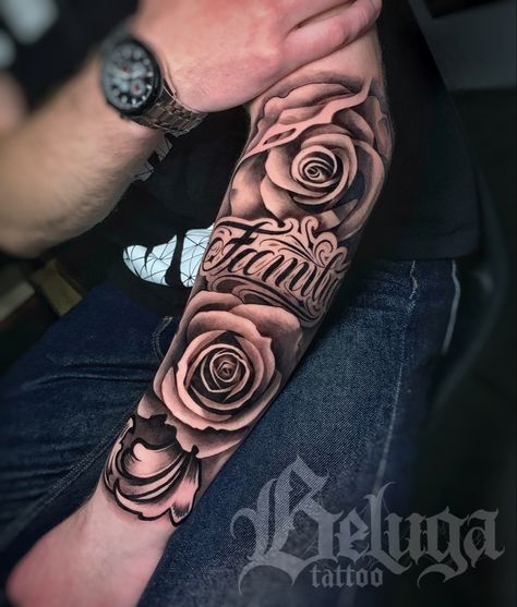 Family Sleeve Tattoo, Clock And Rose Tattoo, Wing Tattoo Men, Family Tattoos For Men, Skull Rose Tattoos, Rose Tattoo Sleeve, Lion Tattoo Sleeves, Rose Tattoos For Men, Men Tattoos Arm Sleeve