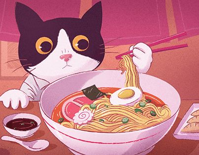 Eating Illustration, Food For Cats, Animal Eating, Using Chopsticks, Eating Ramen, Cat Eating, Cat Stock, Free Artwork, Cat Parenting