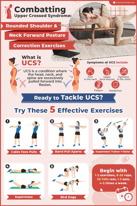 Combatting Upper Crossed Syndrome: Rounded Shoulder & Neck Forward Pos Upper Cross Syndrome Exercises, Rounded Shoulder Exercises, Forward Head Posture Correction, Upper Cross Syndrome, Neck Strengthening, Forward Head Posture Exercises, Posture Correction Exercises, Myofascial Pain Syndrome, Upper Back Exercises