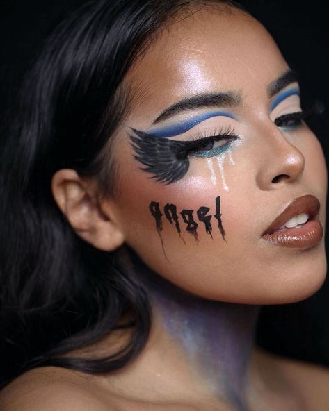 Angel Makeup Halloween Black, Angelo Nero Halloween, Scary Angel Makeup, Black Angel Halloween Makeup, Fallen Angel Costume Makeup, Dark Angel Makeup Halloween, Dark Angel Costume Makeup, Fallen Angel Makeup Halloween, Black Angel Makeup