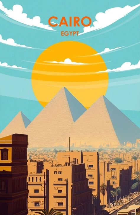 Cairo Illustration, Egypt Digital Art, Egypt Poster Design, Old Egyptian Posters, Egypt Travel Poster, Egypt Poster, Wanderlust Decor, Cairo Egypt, Travel Wallpaper