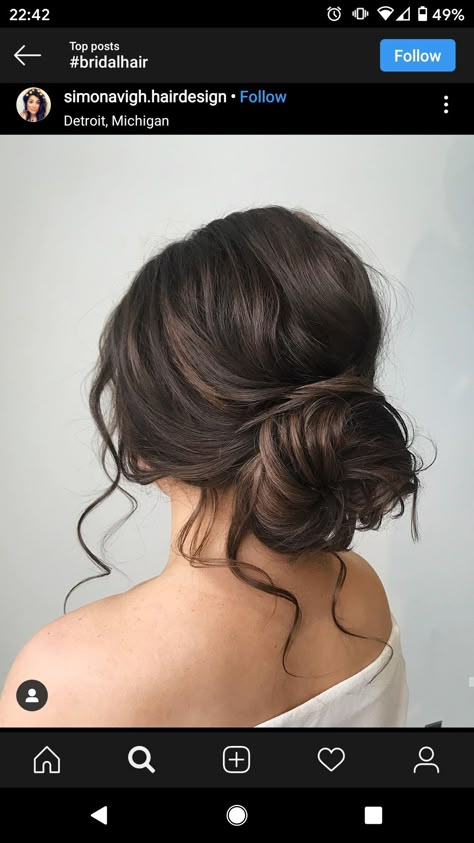 Dark Brown Updo Wedding, Loose Bridal Updo Brunette, Updo Brown Hair Bridesmaid, Loose Low Bun Wedding Hair Brunette, Wedding Guest Updo Brunette, Fall Bridesmaid Updo, Low Messy Bun Wedding Hair Brunette, Loose Updo Brunette, Loose Updo Wedding Brunette