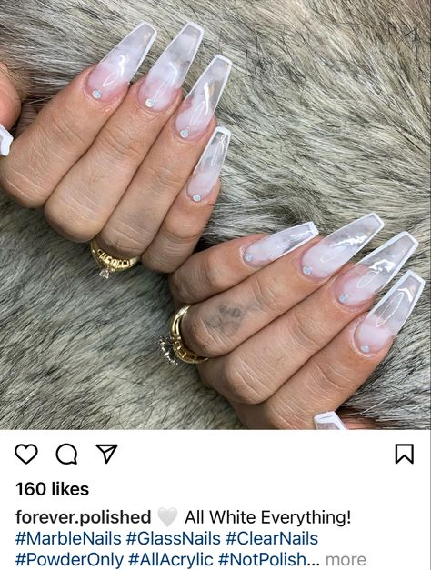 Clear white foggy marble smoke rhinestone coffin acrylic nails White Foggy Nails, White Smokey Nails, Ice Nails Acrylic Clear, Foggy White Nails, Clear White Acrylic Nails, Foggy Nails, Marble Nails With Rhinestones, White And Clear Nails, Clear Acrylic Nails Coffin