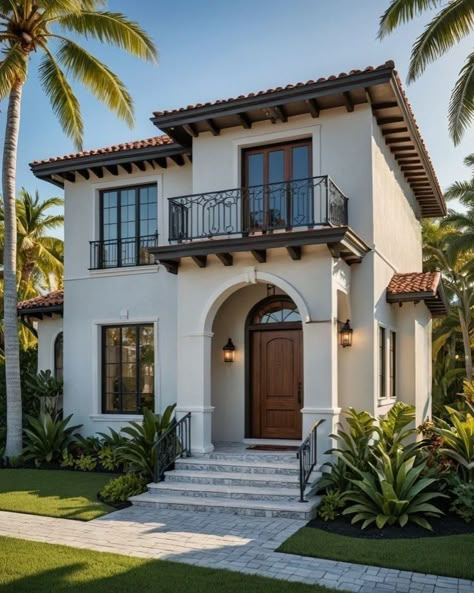 Small Spanish House, Spanish House Exterior, Spanish Style Home Exterior, Spanish Mediterranean Homes, Houses In Mexico, Hacienda Style Homes, Mexico House, Mediterranean House, Spanish Style Home