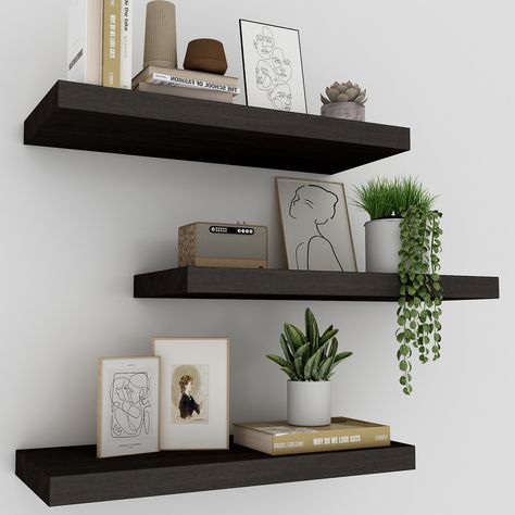 PRICES MAY VARY. 【Invisible Brackets】The brackets of these floating shelves are strong and invisible. They helps you dress up any empty wall space above a desk, fireplace, entryway, vanity, between windows. You can put succulent plants, collectibles and the other decorations on them. 【Space-saving】The black floating shelves are an ideal choice for utilizing vertical space. The wall shelves can be easily installed on the wall without occupying floor space, effectively utilizing the vertical space Modern Small Shelves, Rustic Modern Shelf Decor, Mens Office Shelves, Bathroom Black Shelves, Plant On Wall Decor, Black Wall Shelf Decor, Simple Decor For Living Room, White Floating Shelf Decor Bedroom, Black Shelf Aesthetic