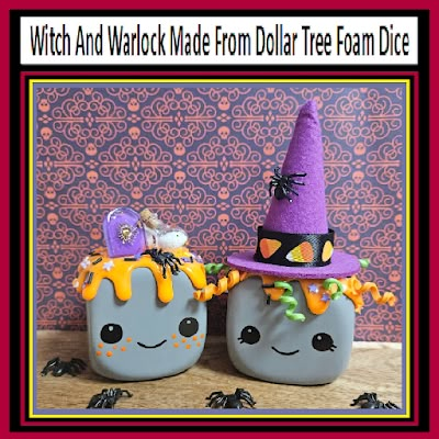 Witch And Warlock Made From Dollar Tree Foam Dice Dollar Tree Wood Dice Diy, Foam Dice Dollar Tree Crafts, Dollar Tree Dice Crafts Diy, Dollar Tree Dice Crafts, Foam Dice Crafts, Marshmallow Decor, Salt Ornaments, Witch And Warlock, Dice Crafts