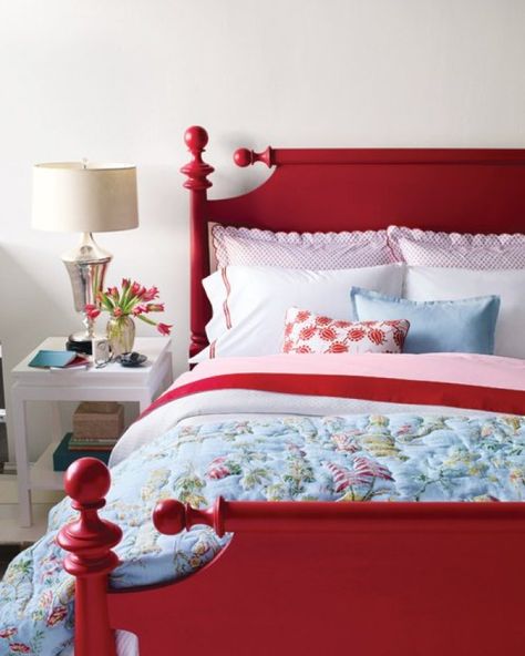 The Painted Bed Painted Bed Frames, Cannonball Bed, Red Headboard, Red Painted Furniture, Red Bed, Painted Beds, Easy Diy Decor, Red Cottage, Red Bedding