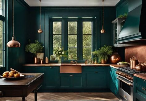 Deep teal kitchen walls framing a window with a view of a lush garden Teal And Green Kitchen, Dark Walls In Kitchen, Dark Green And Blue Color Palette, Deep Teal Kitchen, Dark Teal Kitchen Cabinets, Teal Cabinets Kitchen, Deep Teal Wall, Jewel Tone Kitchen, Dark Teal Kitchen