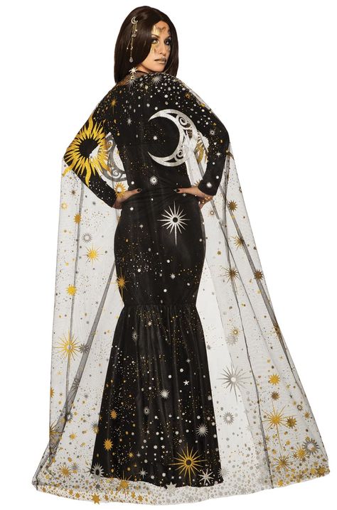 Join the other heavenly bodies when you transform into a celestial goddess! With this beautiful cape you can turn any outfit into a regal, astrological masterpiece! With the right accessories all eyes will be on you! You'll be rteated like the glitte Sun Moon Stars Costume, Cosmo Witch, Halloween Goddess, Stars Costume, Fur Trimmed Cape, Moon Costume, Spooky Spooky, Magic Flute, Costume Capes