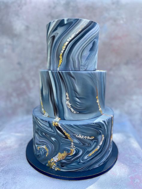 Modern Blue White Gold Swirl Cake Black And Blue Cake, Marble Cake Design Birthday Men, Navy Blue Marble Cake, Blue Marble Cake, Black Marble Wedding Cake, Blue And Purple Marble Cake, Blue Marble Fondant Cake, Cinderella Birthday Cake, 75 Birthday Cake