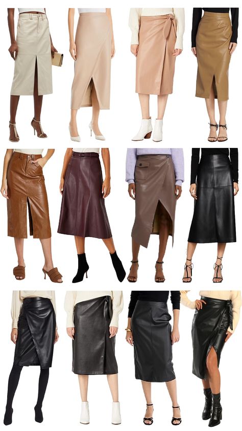 Leather Midi Skirts + How to Style Them How To Style Midi Leather Skirt, Midi Leather Skirt Outfit Winter, Black Leather Midi Skirt Outfit, Midi Leather Skirt Outfit, How To Style Leather Skirt, Leather Midi Skirt Outfit, Leather Skirt Outfit Winter, Leather Skirt Midi, Midi Skirt Outfit Winter