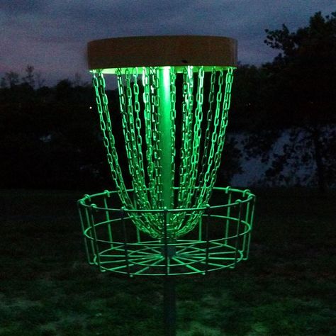 light up disc golf basket lights Diy Frisbee, Disc Golf Humor, Golf Card Game, Disc Golf Gifts, Disc Golf Bag, Disc Golf Basket, Disc Golf Baskets, Disc Golf Cart, Golf Photography