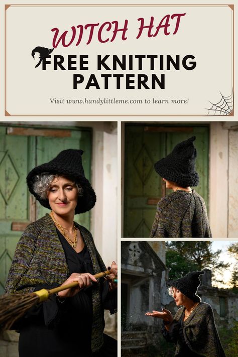 Witch hat knitting pattern. Make a modern witch hat for Halloween with this one skein knitting pattern. Three sizes - adult, teen, and child. #witchhat #Halloween #modernwitchhat #witch #knittedwitchhat Halloween Knits, Modern Witch Hat, Witch Hat Pattern, Halloween Knitting Patterns, Hat Free Knitting Pattern, Spooky Crafts, Halloween Knitting, Knitting Abbreviations, Winter Knitting