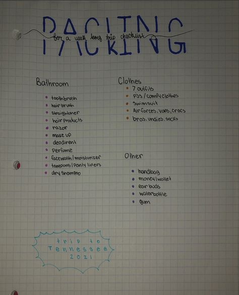 Need a little help figuring our what you might need to bring on a trip? Maybe this can help! I didn’t put everything everyone might need because Im staying with a friend and will use some of their stuff. So make sure to go over everything that you might need other than whats on my list!! Packing List For Tennessee, What To Pack For Tennessee Vacations, Tennessee Packing List, What To Pack For Vacation, Vacation Checklist, Self Help Skills, Indian Lake, School Break, Packing List For Vacation