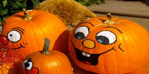 How to Paint a Pumpkin Pumpkin Face Paint, Cute Pumpkin Faces, Pumpkin Carving Designs, Pumpkin Designs, Halloween Pumpkins Painted, Pumpkin Farm, Pumpkin Carving Templates, Pumpkin Faces, Fall Kids