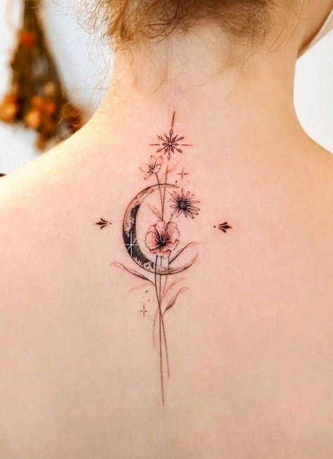 Moon and flower spine tattoo by @tattooist_giho Back Tattoo Women Spine, Borboleta Tattoo, Nape Tattoo, Floral Back Tattoos, Lillies Tattoo, Flower Spine Tattoos, Spine Tattoo Ideas, Celestial Tattoo, Moon Phases Tattoo