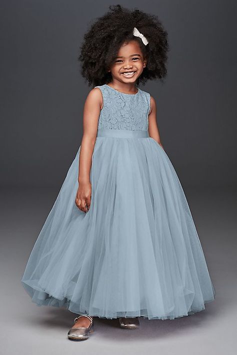 View David's Bridal Ball Gown Flower Girl Dress with Heart Cutout in all available colors and sizes Blush Sage Wedding, Lily Wedding Dress, Dusty Sage Wedding, Dress With Heart Cutout, Sage Flower Girl Dress, Bridesmaid Simple, Fairy Garden Wedding, Tuxedo Ideas, Childrens Outfits