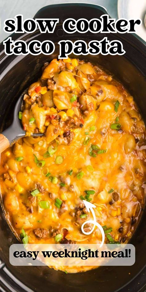 This slow cooker taco pasta is loaded with ground beef and black beans for lots of protein. It features all of your favorite taco flavors! Easy Slow Cooker Taco Pasta, Slow Cooker Taco Spaghetti, Crock Pot Taco Spaghetti, Crock Pot Taco Pasta, Taco Pasta Crockpot, Crockpot Taco Recipes, Crockpot Taco Pasta, Slow Cooker Taco Pasta, Crockpot Beef Tacos