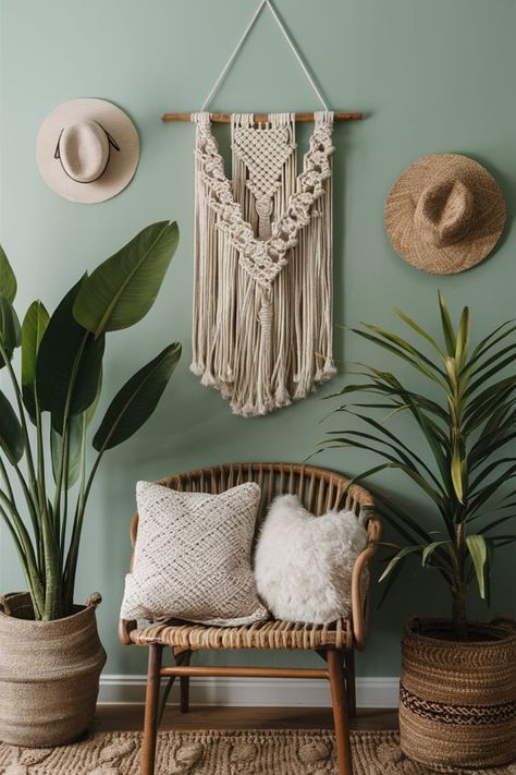 Create a warm, cozy vibe with woven wall hangings and natural decor. Green plants and soft lighting complete the boho-chic aesthetic. #BohoSanctuary #MacrameWallHanging #WovenDecor #BohoChic #CozySpaces #NaturalVibes #HomeDecorInspo #BohoStyle #InteriorDesignTrends #GreeneryDecor #RattanFurniture #BohoRetreat #SereneSpaces #MacrameLove #BohoAesthetic #LivingRoomGoals Greenery Decor, Woven Wall Hangings, Woven Decor, Living Room Goals, Natural Decor, Chic Aesthetic, Macrame Hanging, Boho Aesthetic, Boho Interior