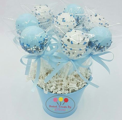 Cake Pop Basket, Cake Pop Gift, Stuffed Cake, Blue Cake Pops, Cake Pop Bouquet, Covered Chocolate, Chocolate Ideas, Pop Ideas, Tower Stand