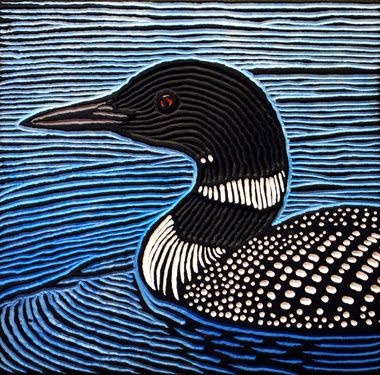 common loon painted woodcut block  on salvaged Douglas Fir 11" x 11" x 1.5” 2010 Lisa Brawn Loon Art, Bird Linocut, Charlie Harper, Common Loon, Garden Rocks, Bird Illustrations, Woodcut Art, Bird Paintings, Lino Art