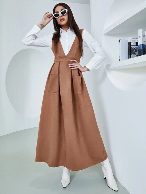 Suede Dual Pockets Overall Dress | SHEIN USA Modest Dress Outfits, Drop Shoulder Dress, High Low Prom Dress, Modest Maxi Dress, Khaki Style, Corduroy Overall Dress, Modest Maxi, Bodycon Maxi Dress, Ruffle Trim Dress