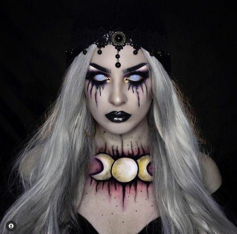 Gothic Fortune Teller, Demon Inspired Makeup, Scary Fortune Teller Makeup, Scary Fortune Teller Costume, White Contacts Makeup, Scary Fortune Teller, Demon Makeup Scary, Fortune Teller Makeup, Scary Witch Makeup