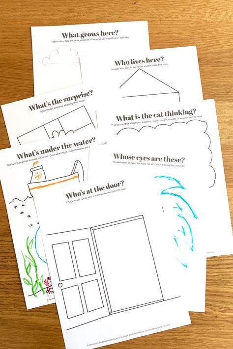 Download a set of 10 unique and creative printable drawing prompts that are sure to inspire your kids to create something amazing! Preschool Drawing Prompts, Drawing Prompts For Kids Free Printable, Winter Drawing Prompts, Read And Draw Worksheets Free Printable, Kids Drawing Prompts, Art Prompts For Kids, Imagination Activities For Kids, Storytelling Activities For Kids, Warm Up Activities For Kids