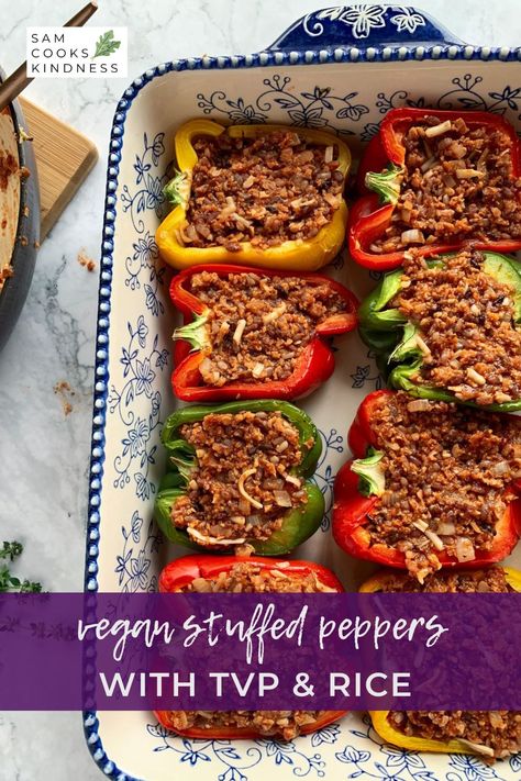 These cozy Vegan Stuffed Peppers are hearty, healthy and so delicious! This comforting meal is simple to make and packs in the protein with a flavorful filling of TVP & rice. Grab your simple ingredients and follow these easy steps to your new favorite dinner! Canned Crushed Tomatoes, Vegan Broth, Tvp Recipes, Textured Vegetable Protein, Vegan Stuffed Peppers, Plant Based Recipes Dinner, Vegan Worcestershire Sauce, Favorite Dinner, Plant Based Dinner