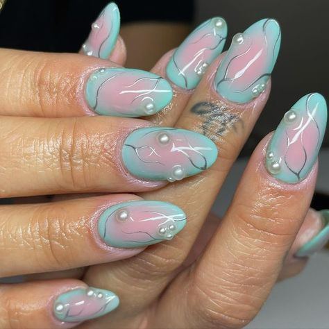 Mint Pink Nails, Pink And Mint Nails, Candyland Nails, Pink Futuristic Nails, 3d Jellyfish Nails, Blue Nails Airbrush, Summer Nails Jellyfish, Chrome Y2k Nails + Charms, Berry Nails