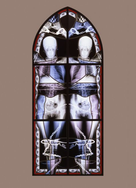 Nine Muses, Wim Delvoye, steel, x-ray photographs, lead, glass 200x80 cm, 2001-2002. Xray Art, Stain Glass Window Art, Glass Window Art, X Rays, Window Art, Stained Glass Window, Science Art, Skull And Bones, X Ray