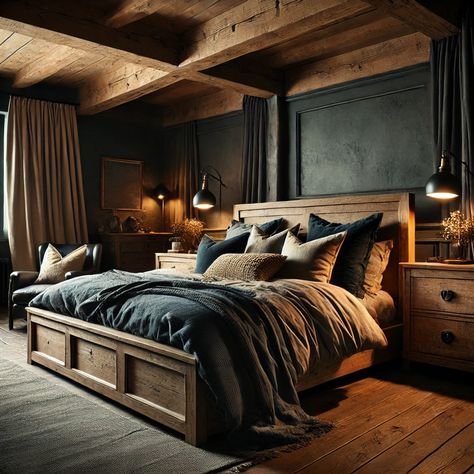 Olive Green Bedspread Ideas, Log Cabin Wainscoting Ideas, Dark Wood Ceiling Bedroom, Mountain Master Bed, Organic Modern Mens Bedroom, Moody Green Master Suite, Dark And Romantic Bedroom, Dark And Moody Bedrooms, Moody French Country Bedroom